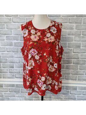 Lex & Madison XL NWT Red Floral Sleeveless Shell Top Resort Blouse Cottagecore